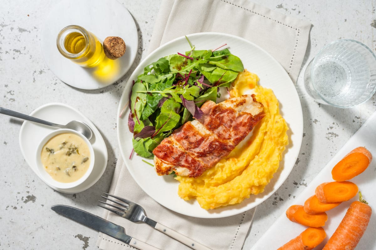 Lieu roulé au jambon & purée de carotte