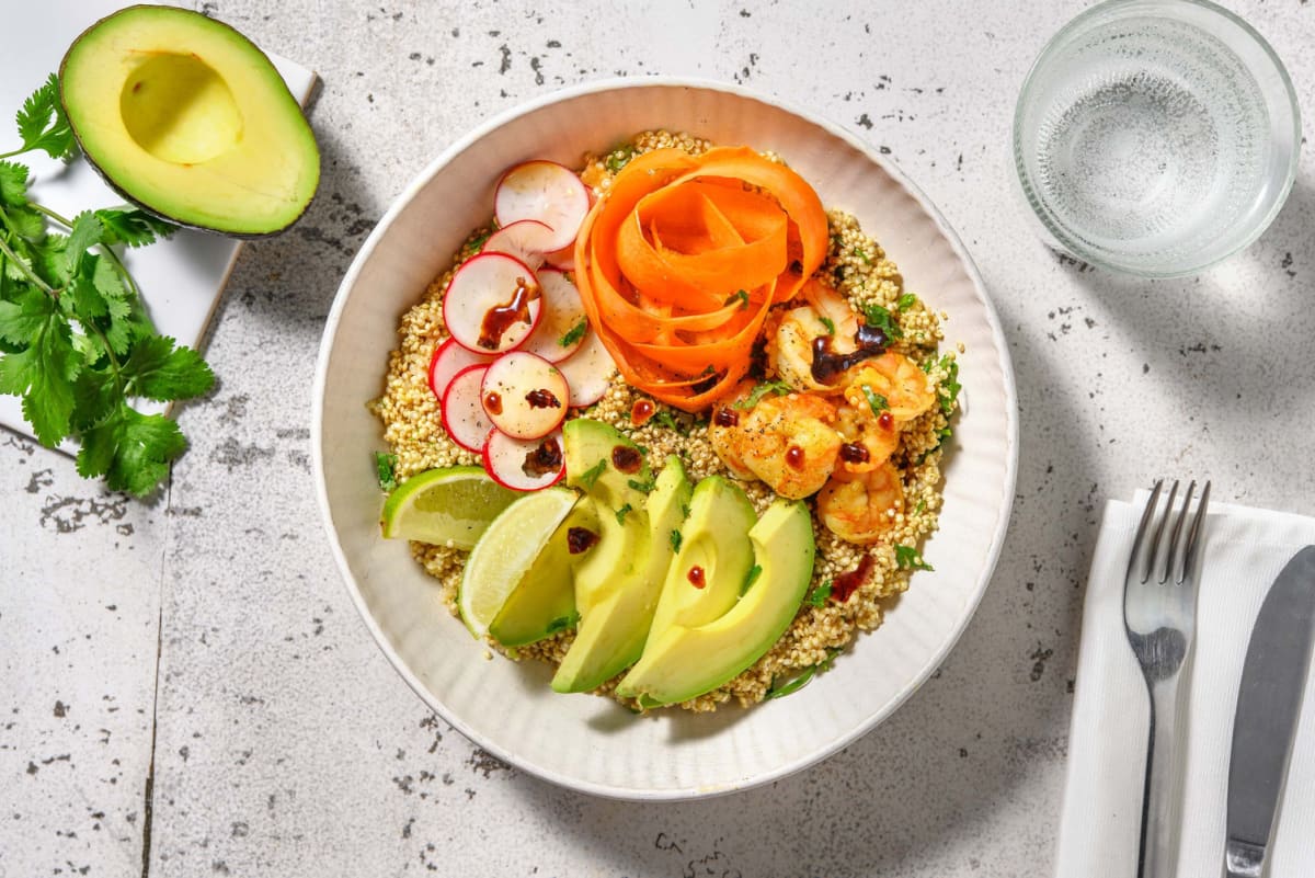 Poke bowl : quinoa, crevettes & avocat