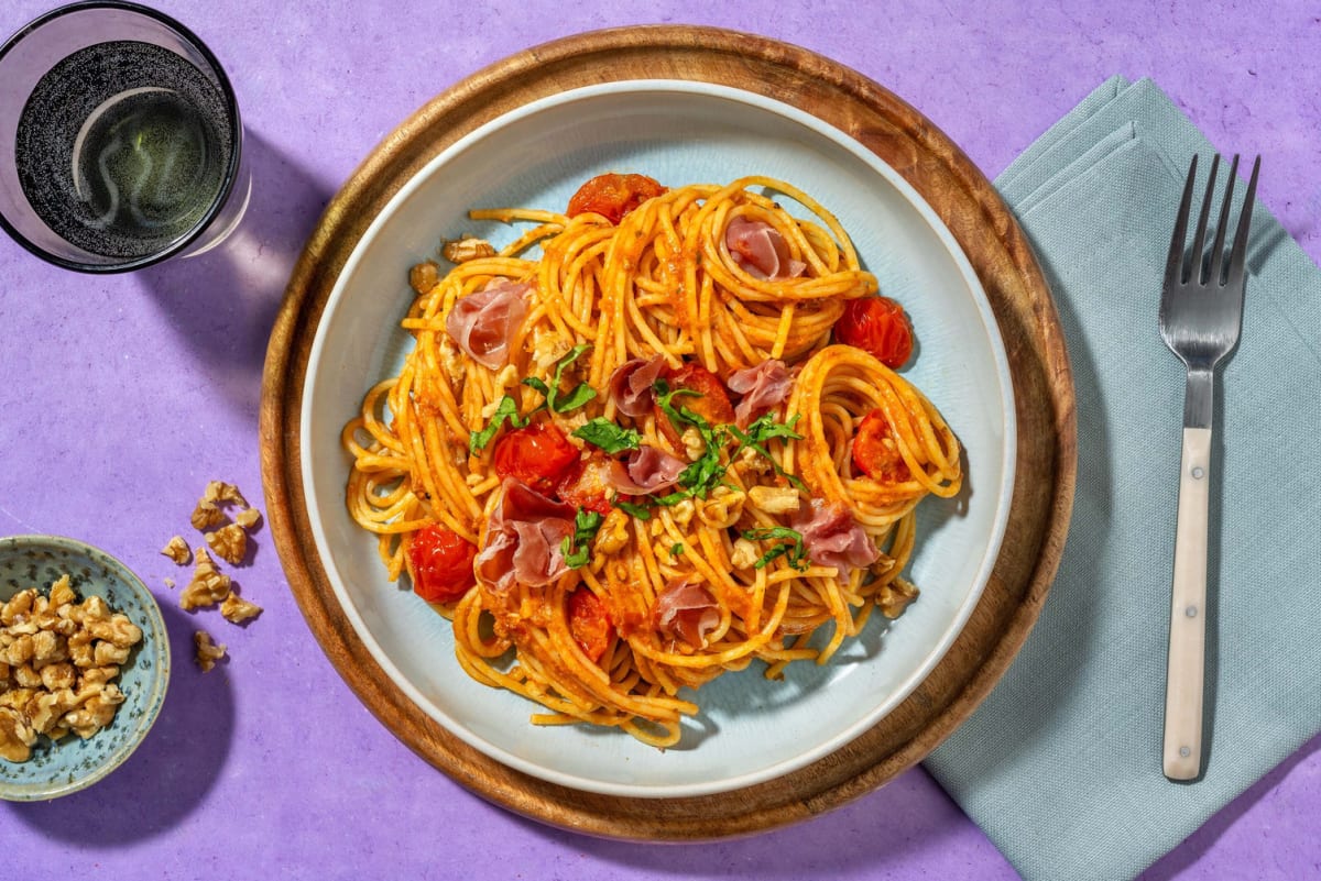 Spaghetti, pesto rosso & jambon sec