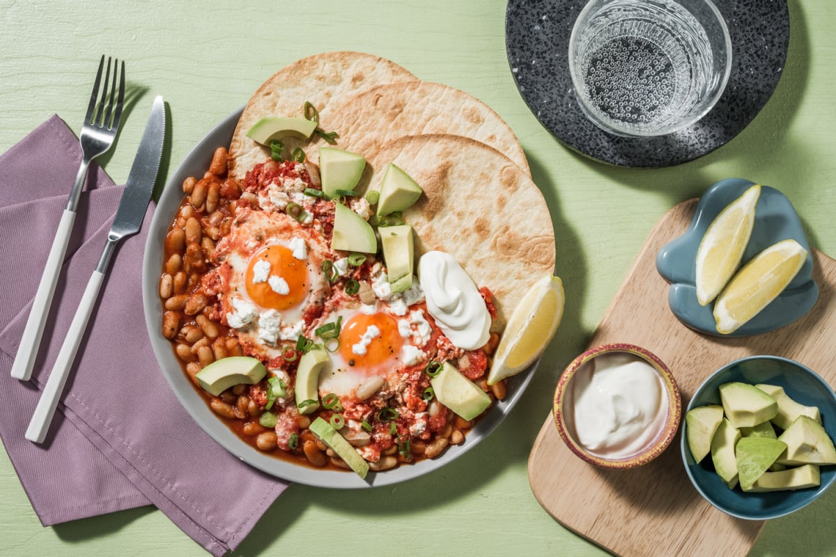 Huevos rancheros aux haricots blancs épicés