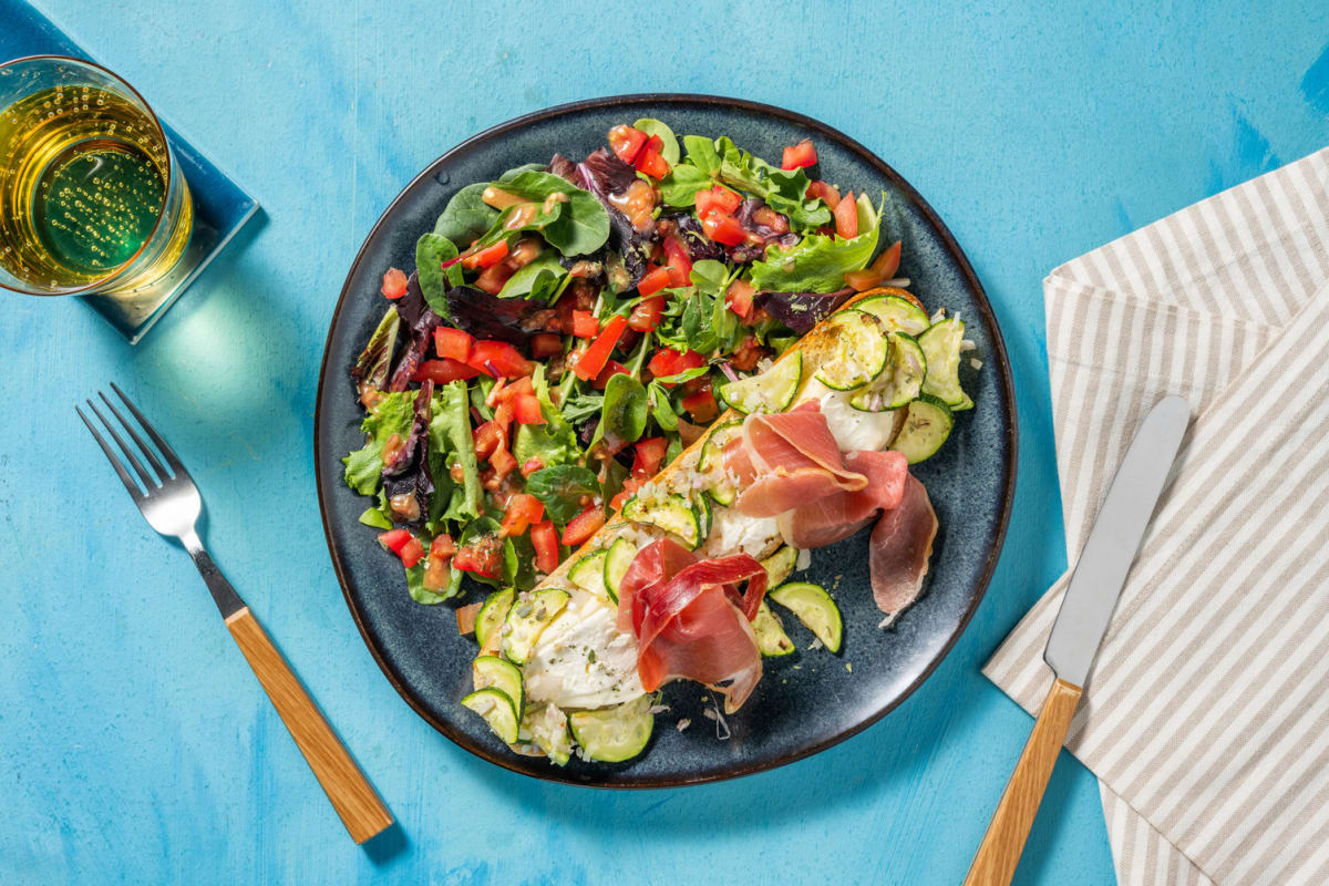 Bruschetta mozza, jambon sec & courgette