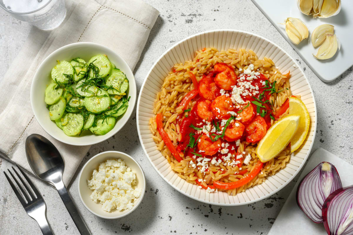 Crevettes façon saganaki grec & orzo parfumé