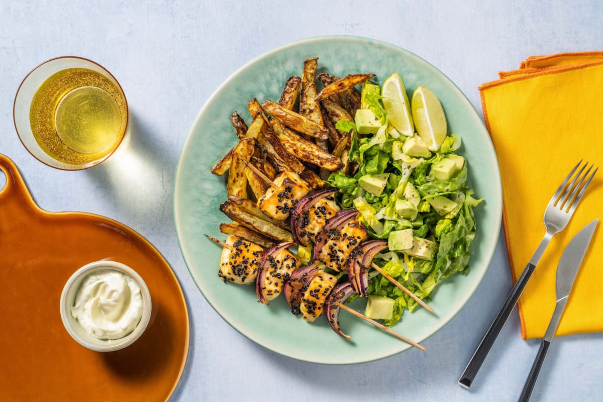 Glazed Peri Peri Halloumi Skewers and Chips