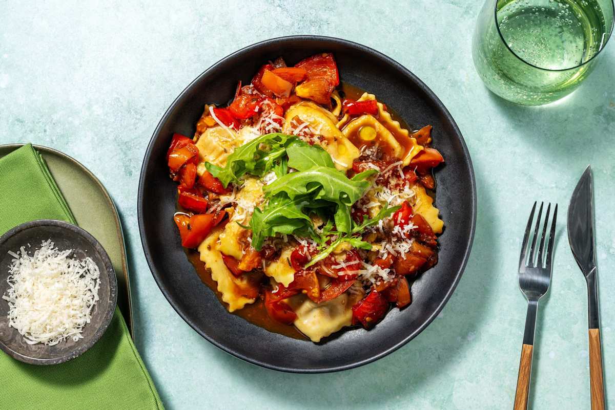 Arrabbiata Style Bacon, Spinach and Ricotta Ravioli