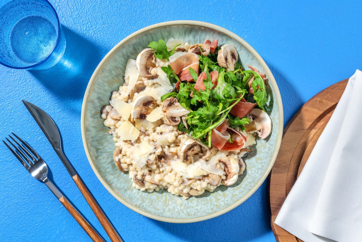 Risotto de couscous perlé, coppa & champignons