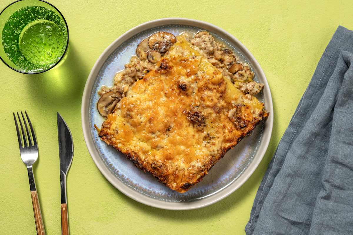 Romige lasagne met kip en champignons