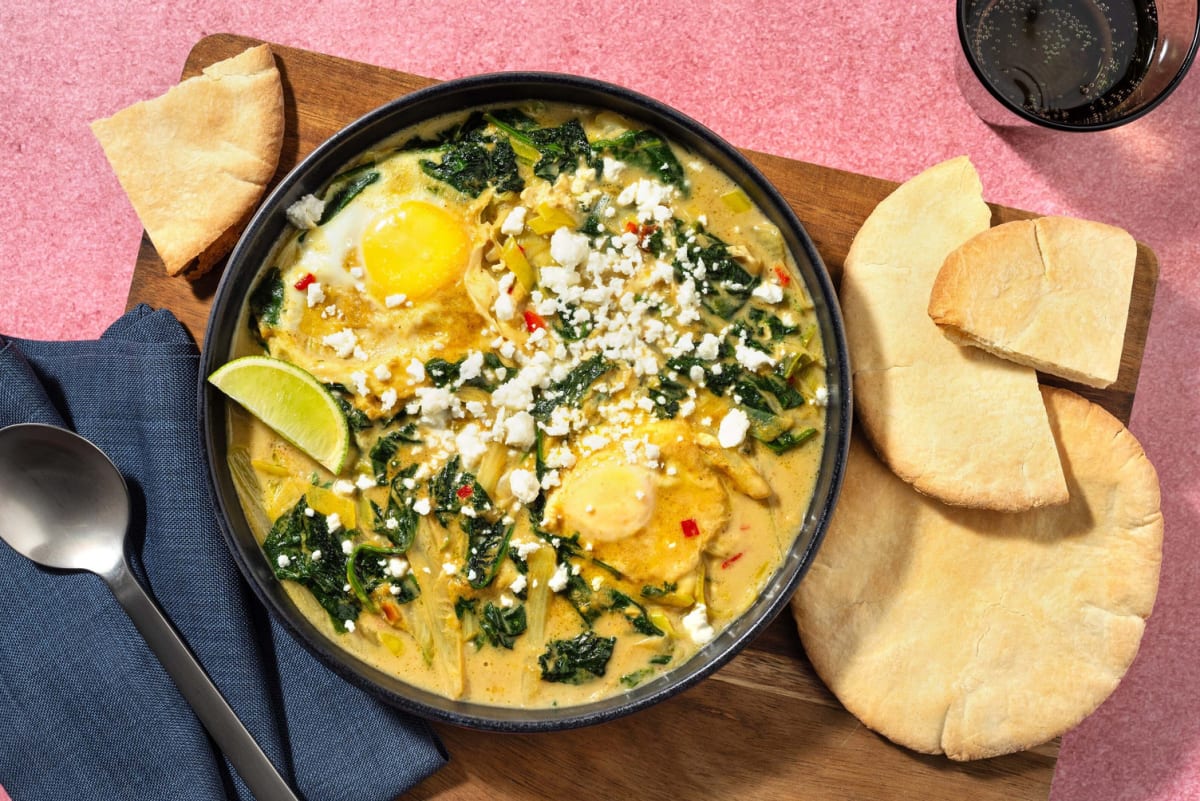 Curry de légumes, feta et œuf poché