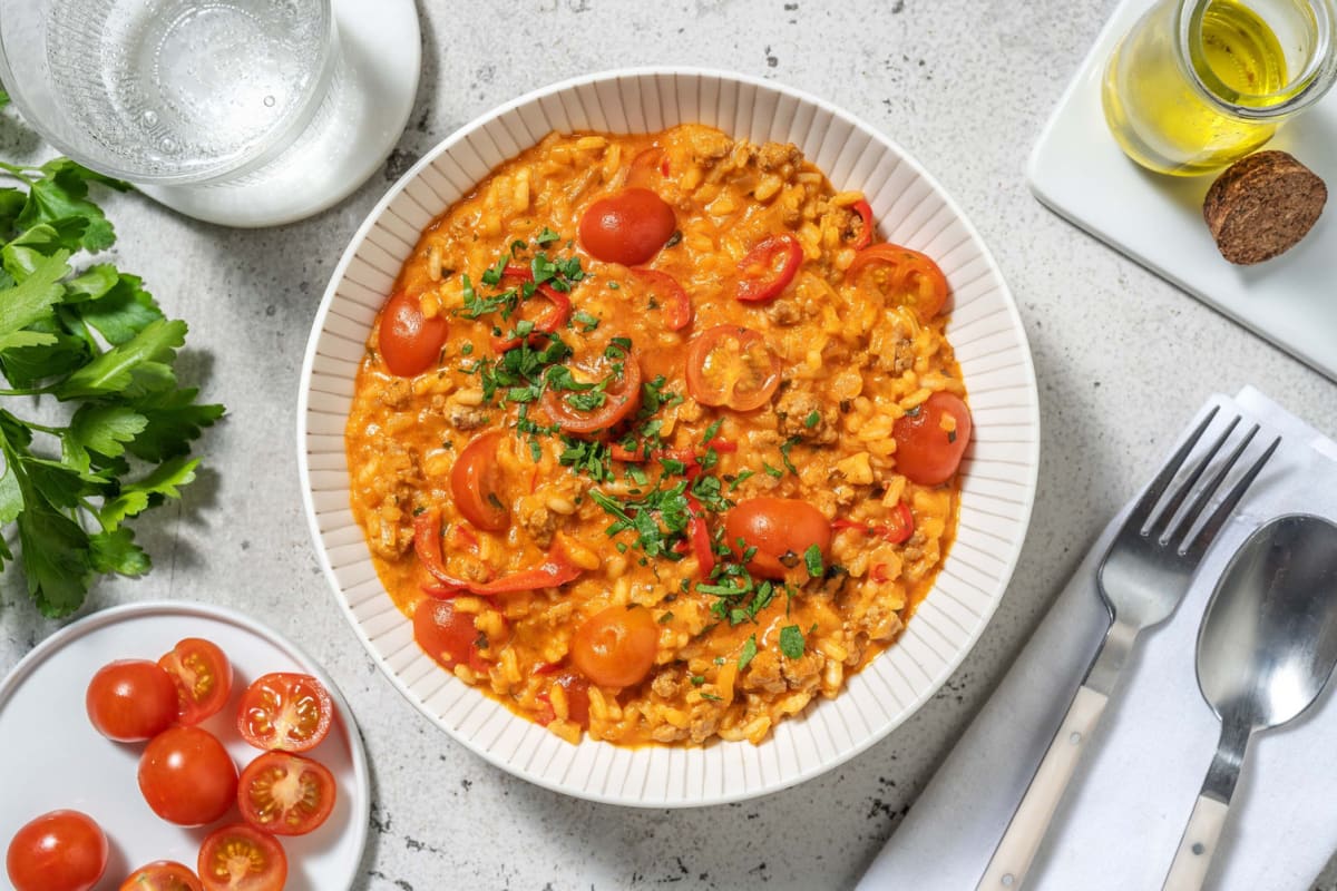 Risotto à la tomate et saucisses de poulet