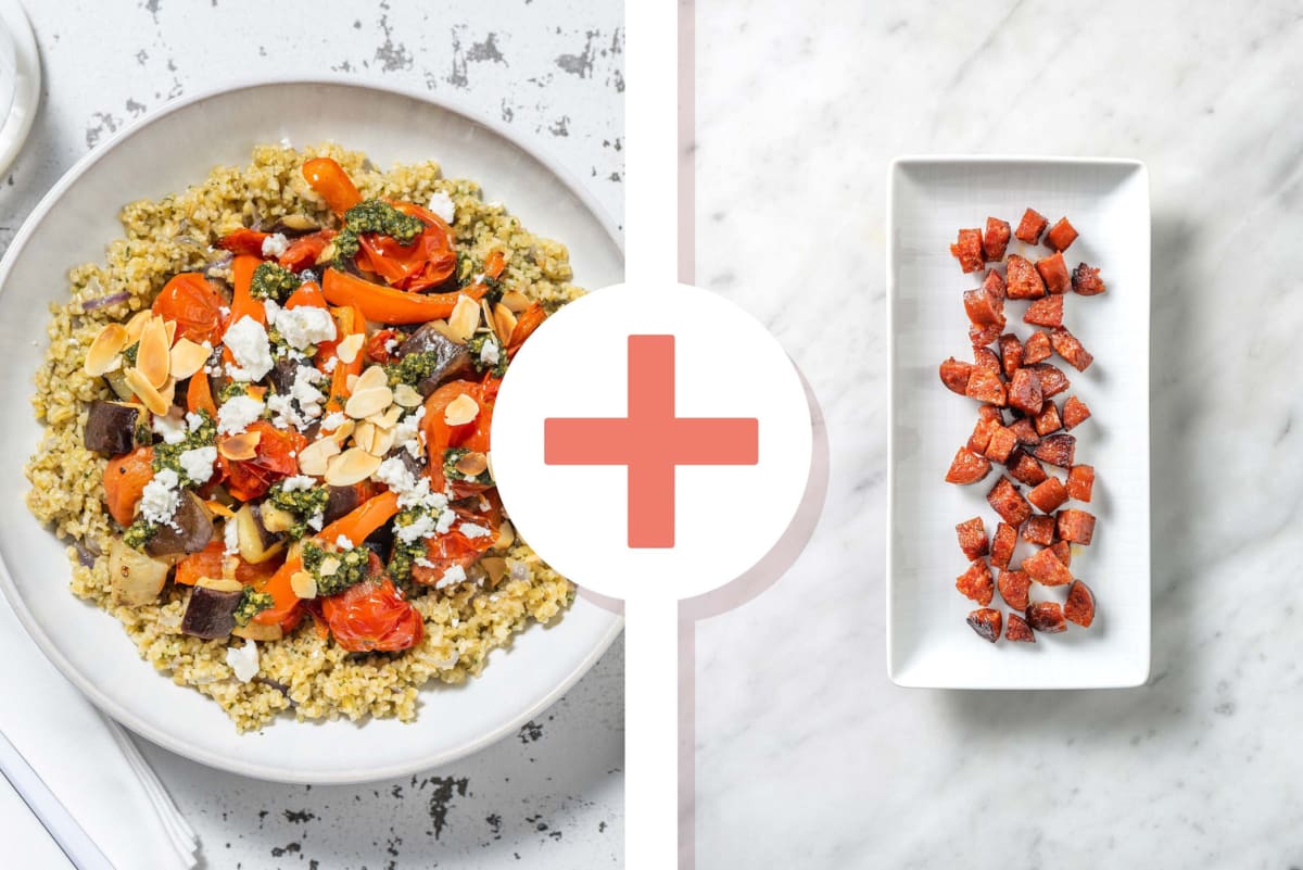 Roasted Ratatouille, Chorizo, and Pesto Bulgur