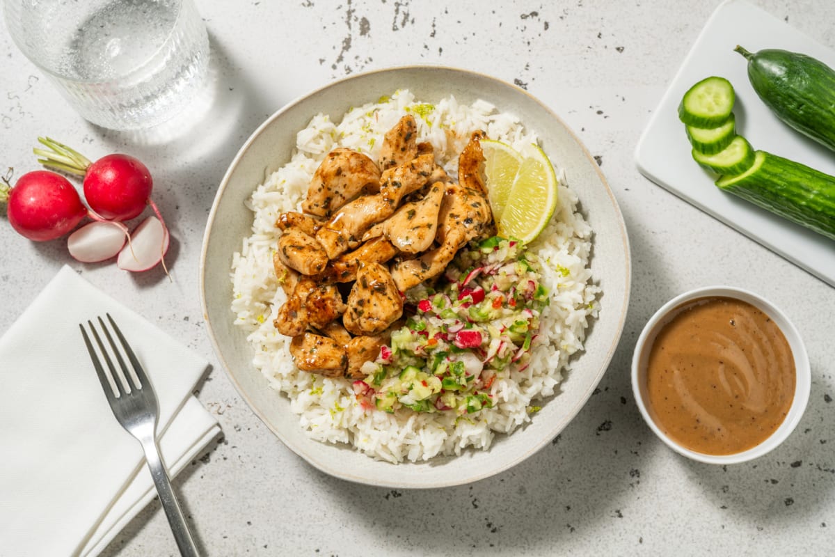 Limettenreis Bowl mit spicy Garlic Chicken