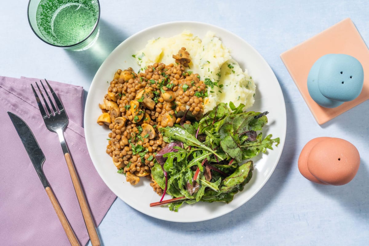 Linsen-Pilz-Ragout mit Kartoffel-Pastinakenpüree