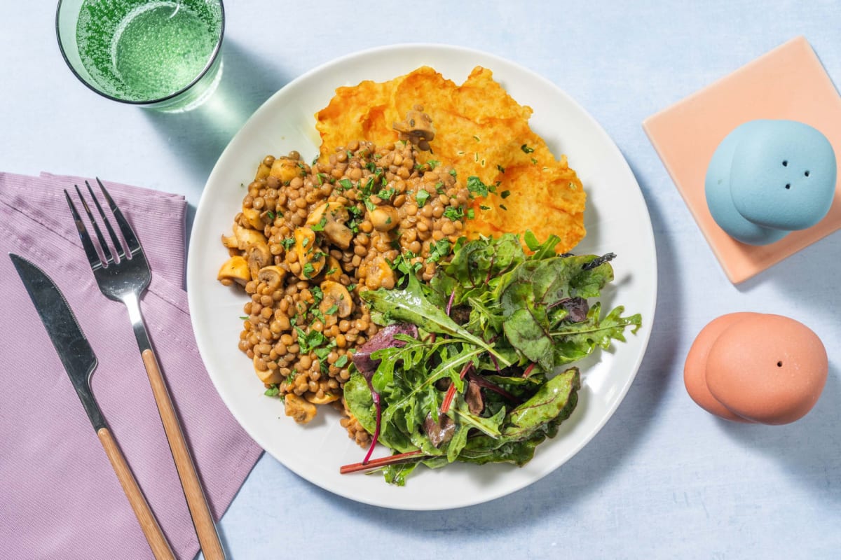 Linsen-Pilz-Ragout mit Kartoffel-Karotten-Stampf