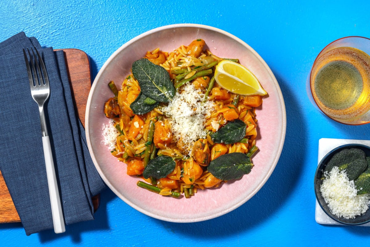 Risoni mit Hokkaido, Buschbohnen und Pilzen Rezept | HelloFresh