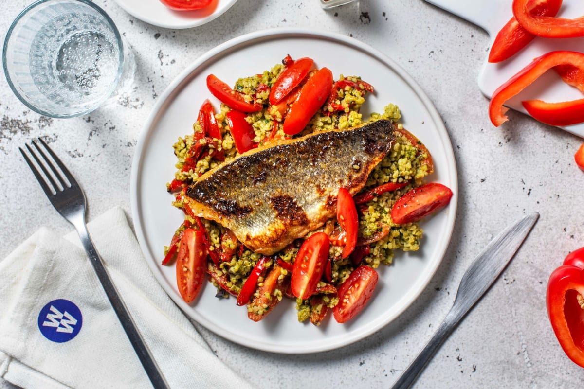 Crispy Skinned Sea Bass and Zhoug Bulgur