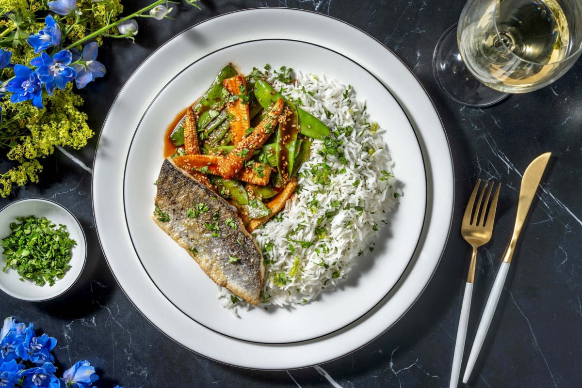 Crispy Sea Bass and Lime Coriander Rice