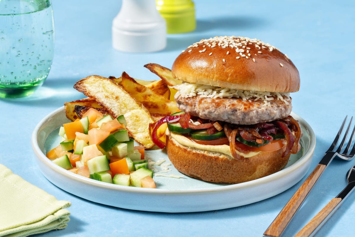 Cheeseburger de poulet et oignon caramélisé