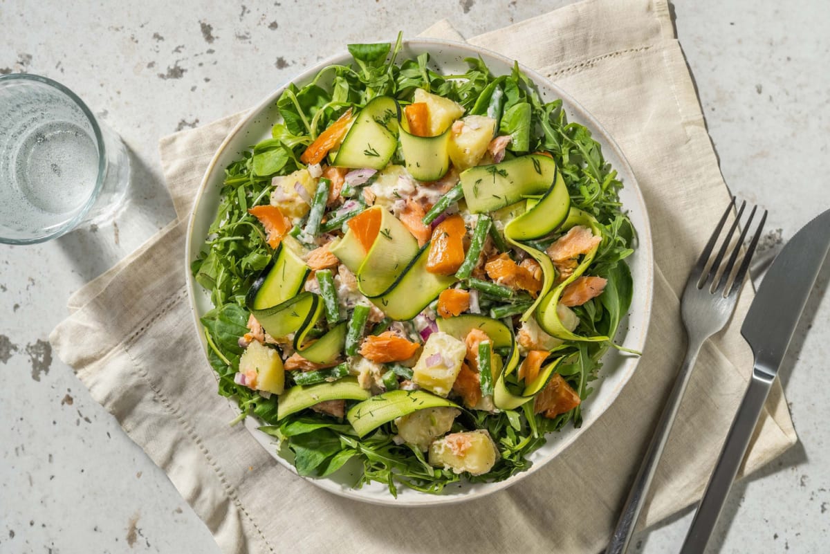 Lauwwarme aardappelsalade met zalmsnippers