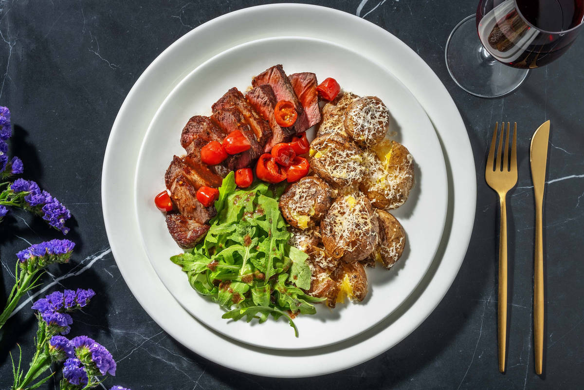 Rump Steak and Bacon Parmesan Smashed Potatoes Recipe HelloFresh