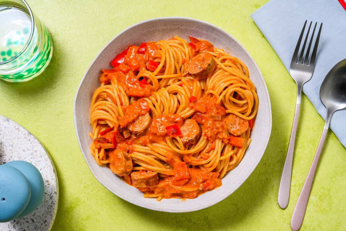 Volkoren spaghetti met kipworst en rode pesto