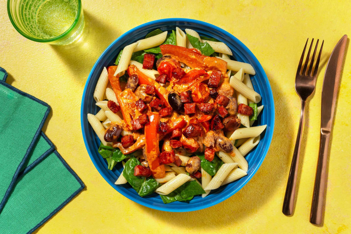 Pastabowl met chorizo en olijven