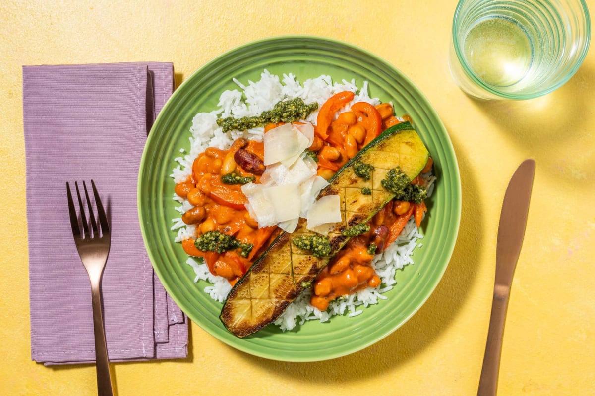 Courgette en croisillons et mijoté crémeux aux haricots