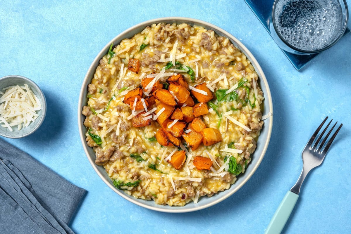 Risotto met pompoen en Brandt & Levie worst