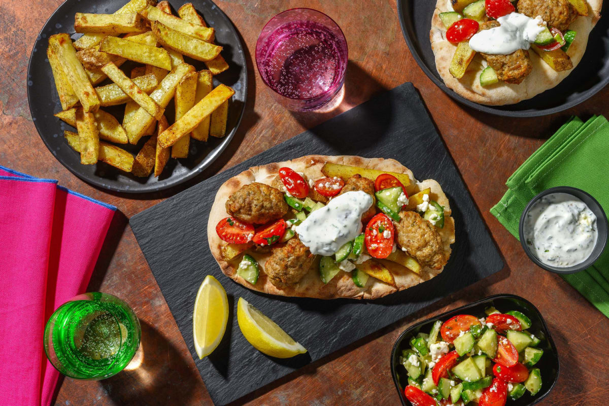 Greek Inspired Pork Kofta Gyros and Chips