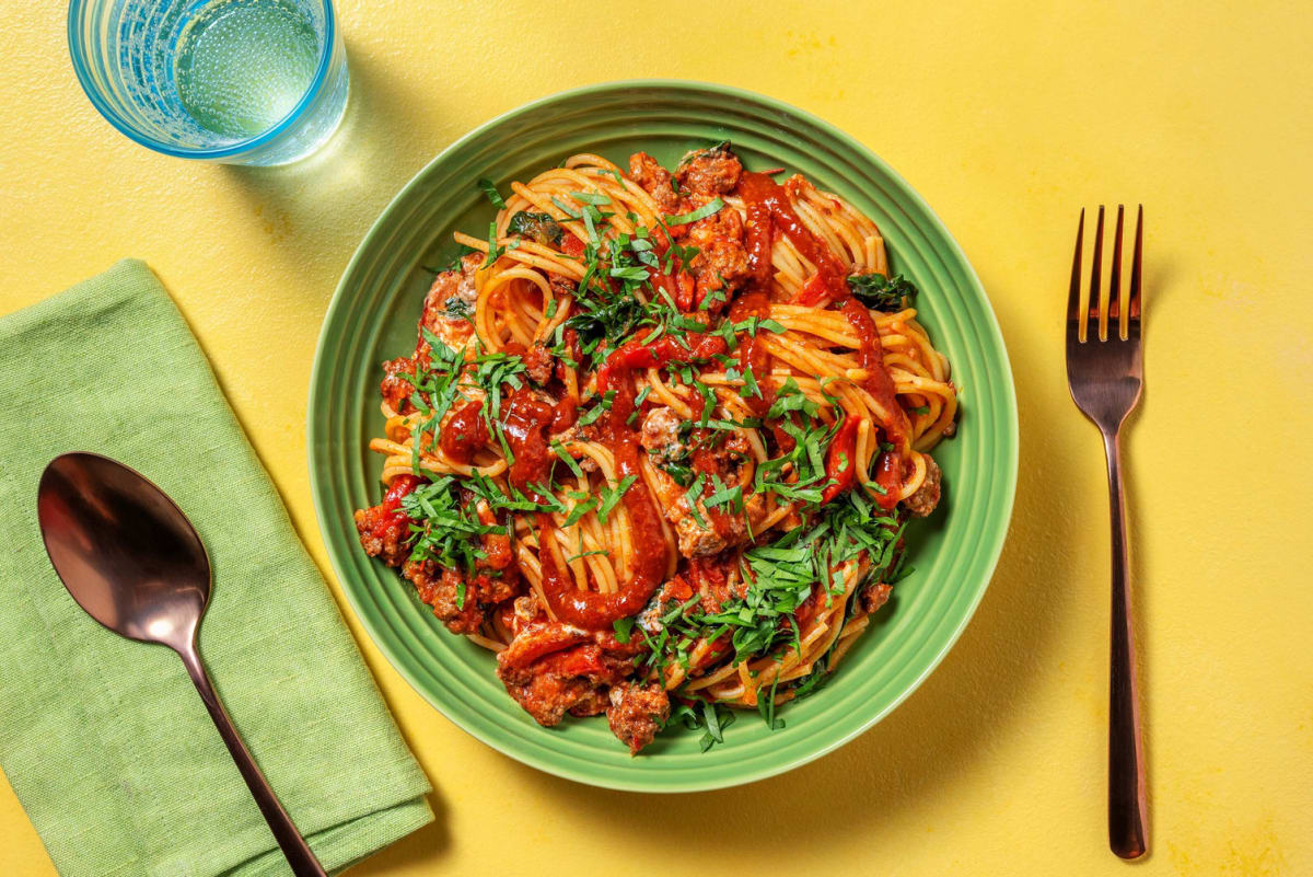 Spaghetti au blé complet au bœuf haché en sauce crémeuse