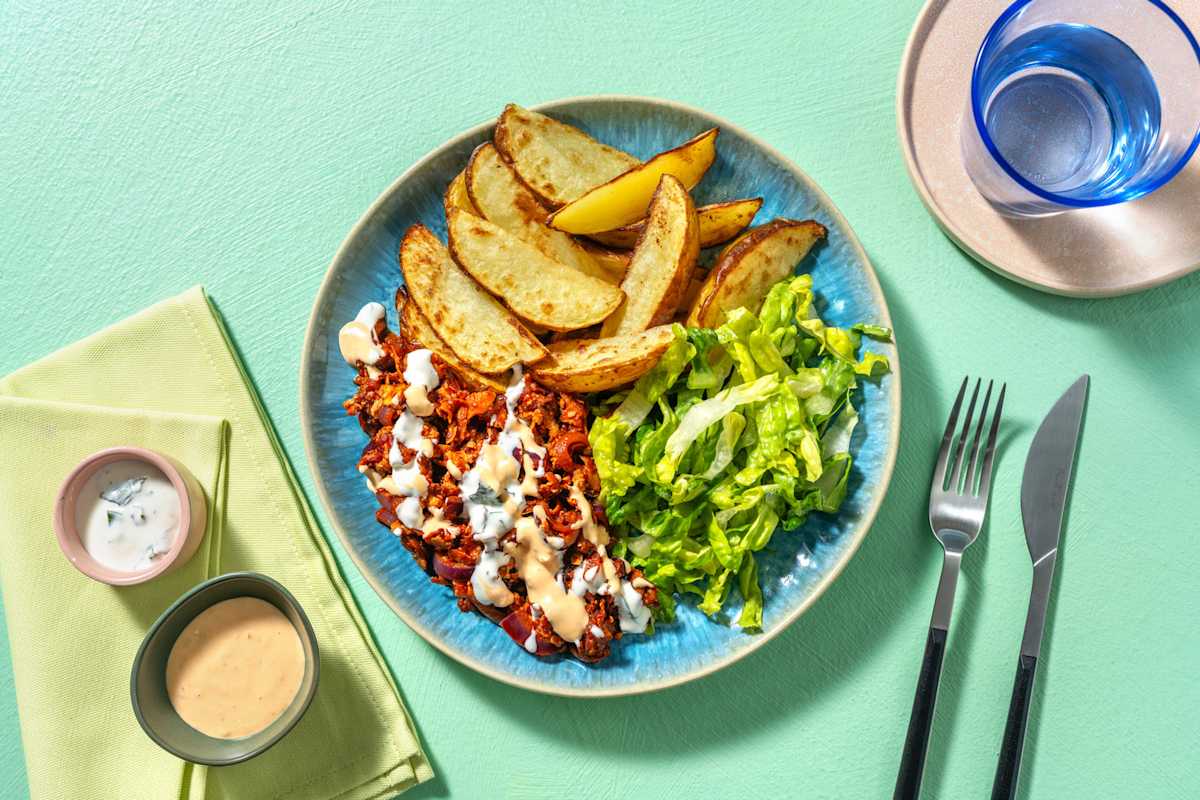 Veganer Kebab-Teller mit Räuchertofu