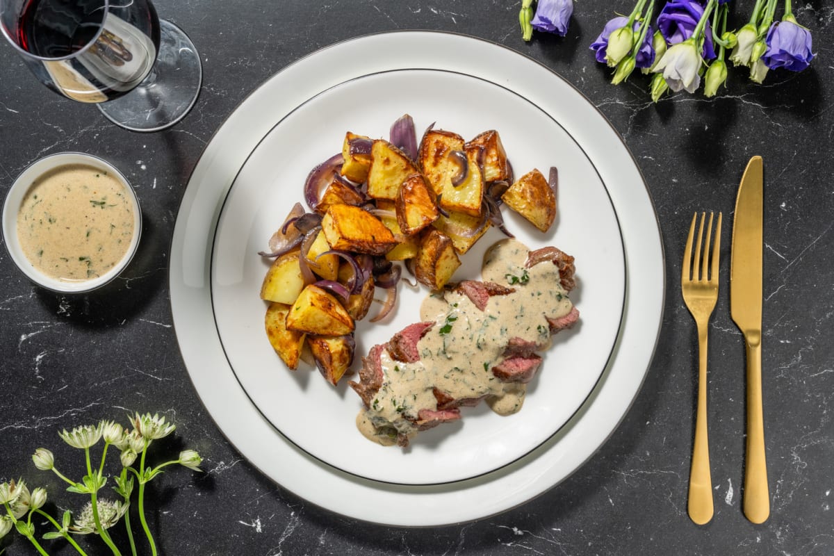 Sirloin Steak and Peppercorn Sauce