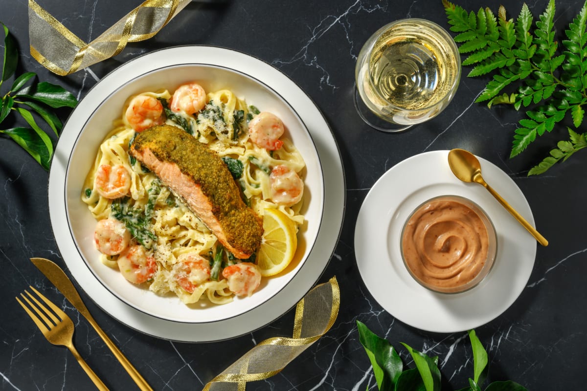 NYE Pesto Salmon on Creamy King Prawn Tagliatelle