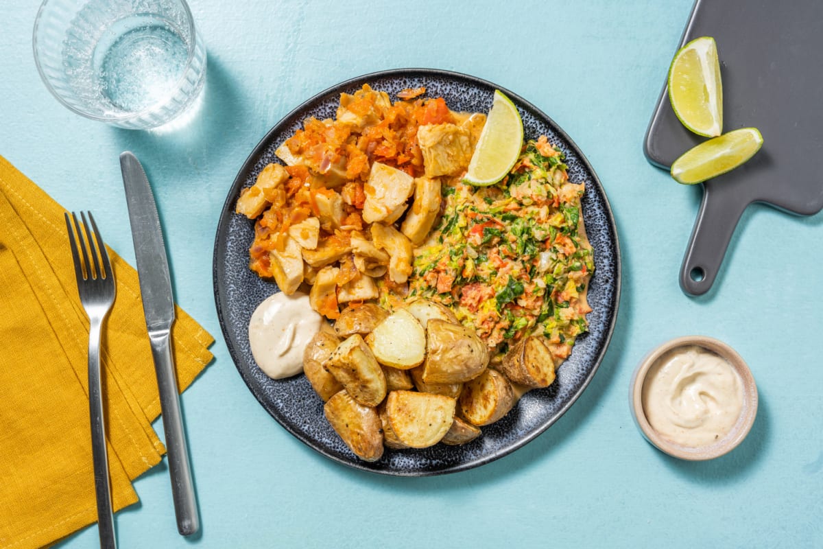 Vegane Cajun-Hähnchen-Pfanne mit Drillingen