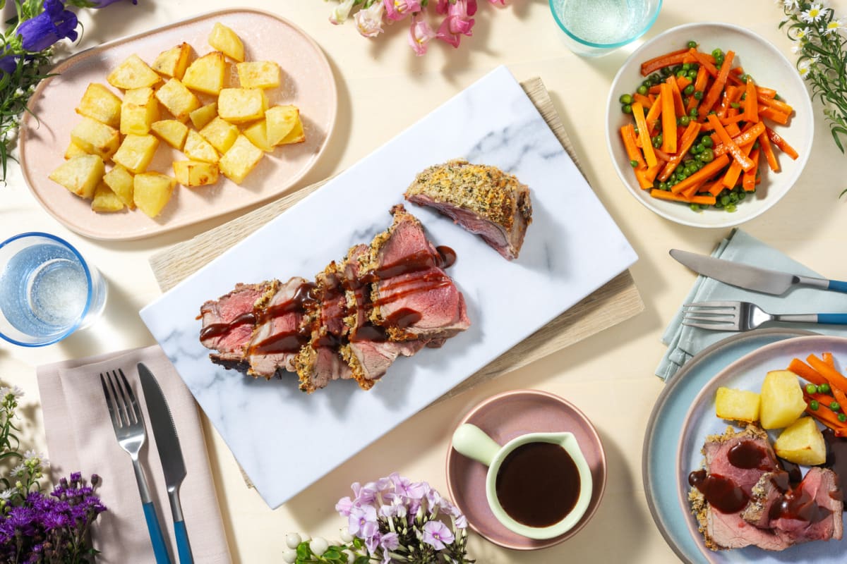 Herb Crusted Roast Lamb and Red Wine Jus