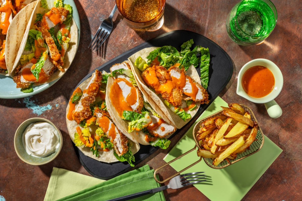 Crispy Buffalo Chicken Tacos and Chips