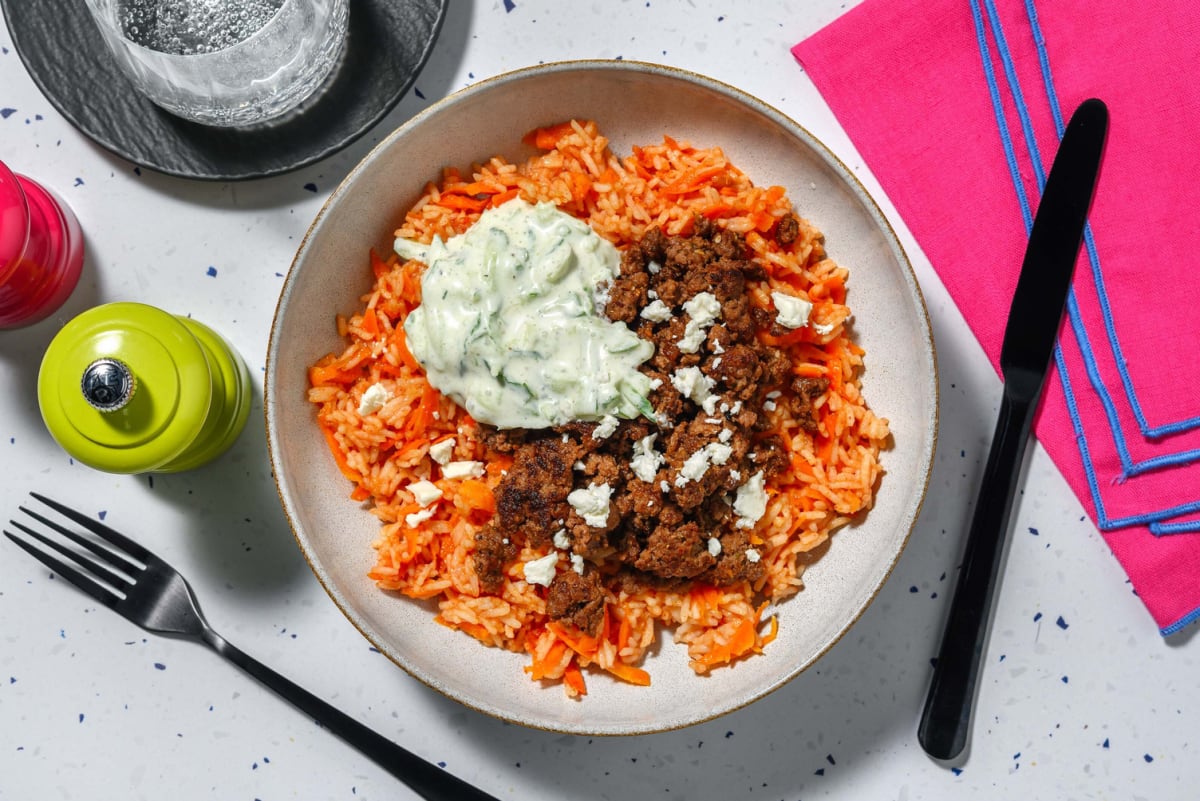 Mezze Rindshackpfanne auf Tomatenreis