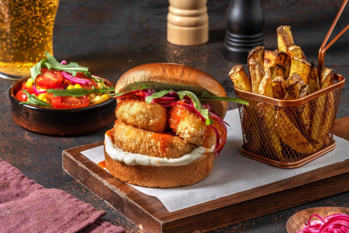 Crispy Buffalo Halloumi Burger and Spiced Fries