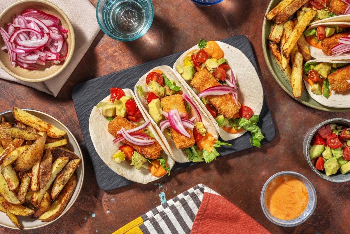 Crispy Crumbed Tofu Tacos and Spiced Fries 