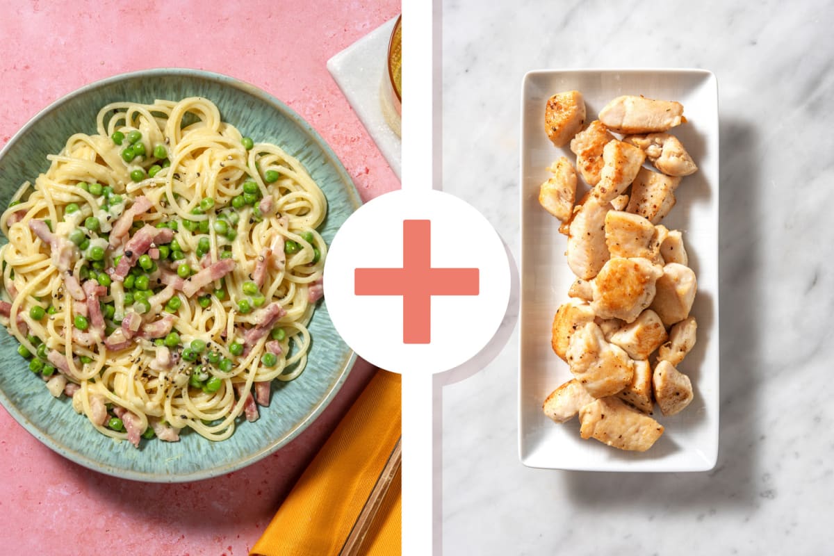 Creamy Truffled Bacon, Chicken Breast and Pea Spaghetti