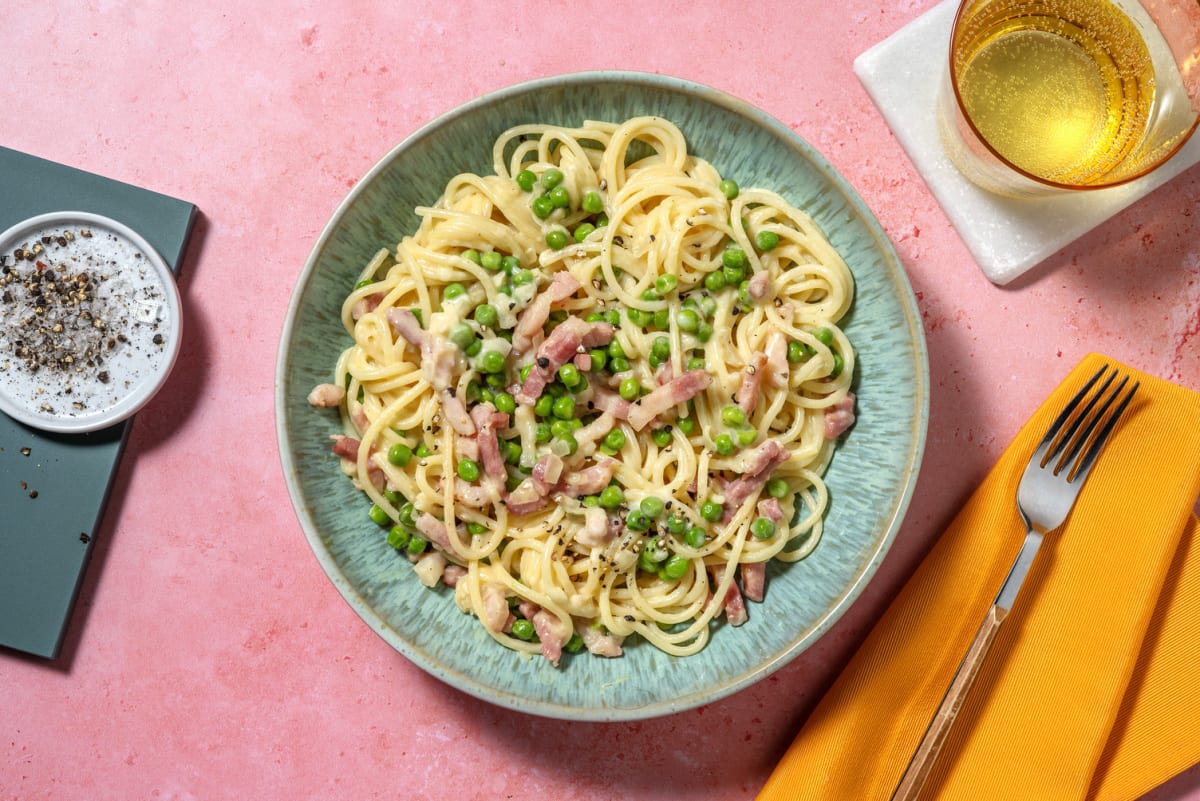 Creamy Truffle, Bacon and Pea Spaghetti