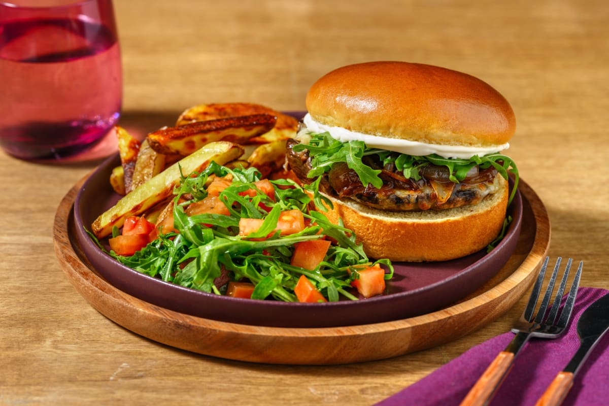 Cheesy Portobello Mushroom Burger and Fries