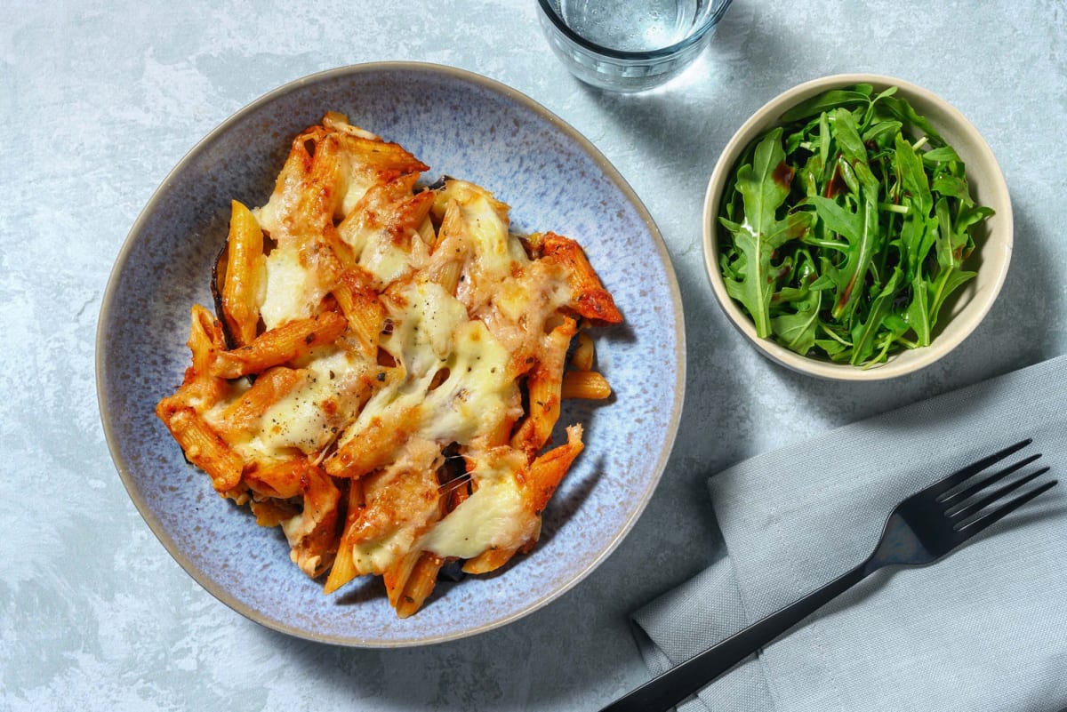 Aubergine and Chicken Breast Parmigiana Style Pasta