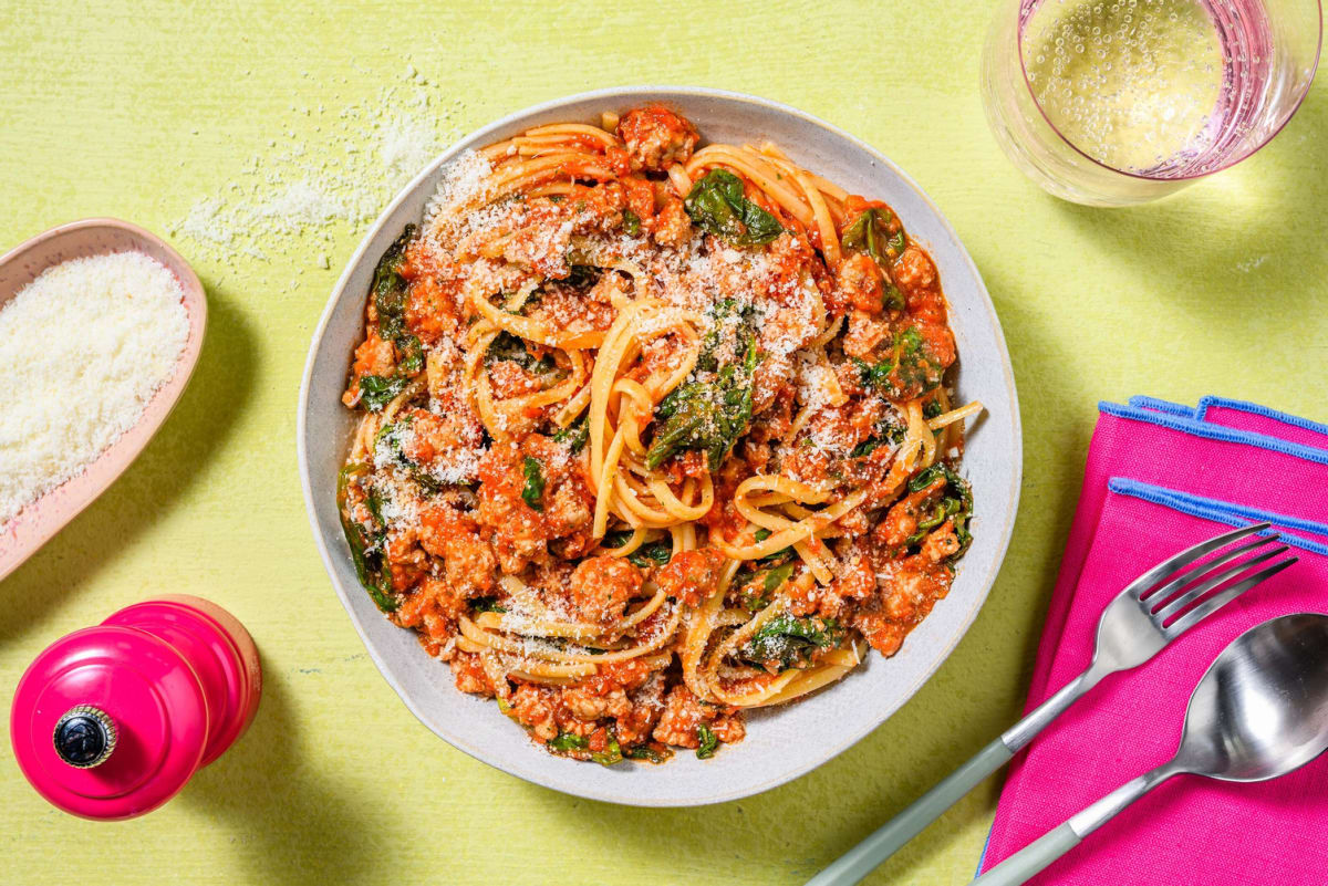 Speedy Herby Sausage and Bacon Linguine