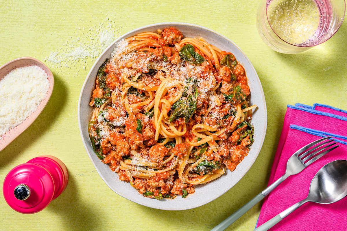 Speedy Herby Sausage and Bacon Linguine