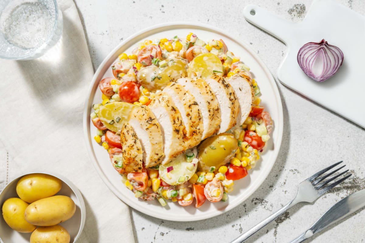 Poulet à la méditerranéenne et grenailles en salade