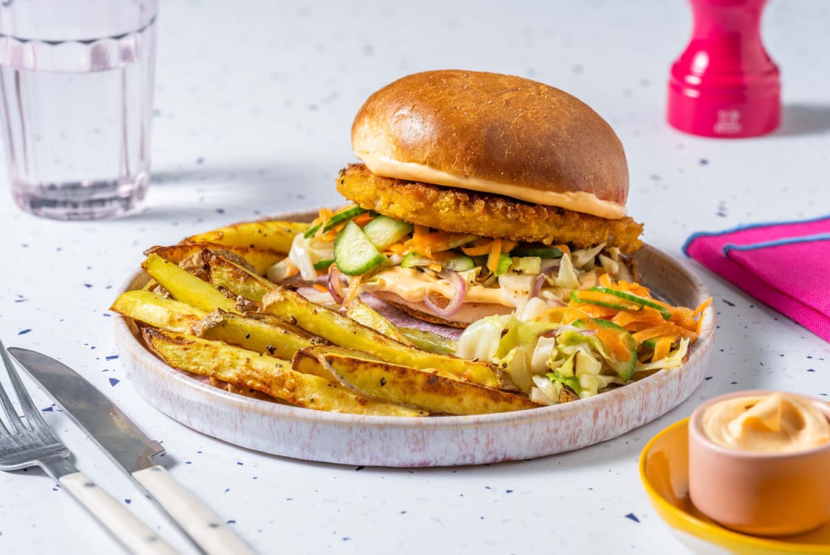 Burger d'escalope panée végétarienne et mayonnaise au kimchi