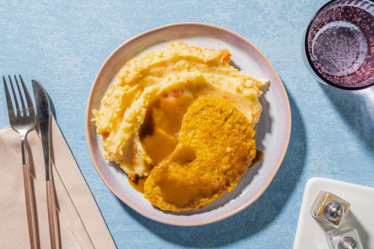 Vegetarische kaasschnitzel met wortel-preipuree