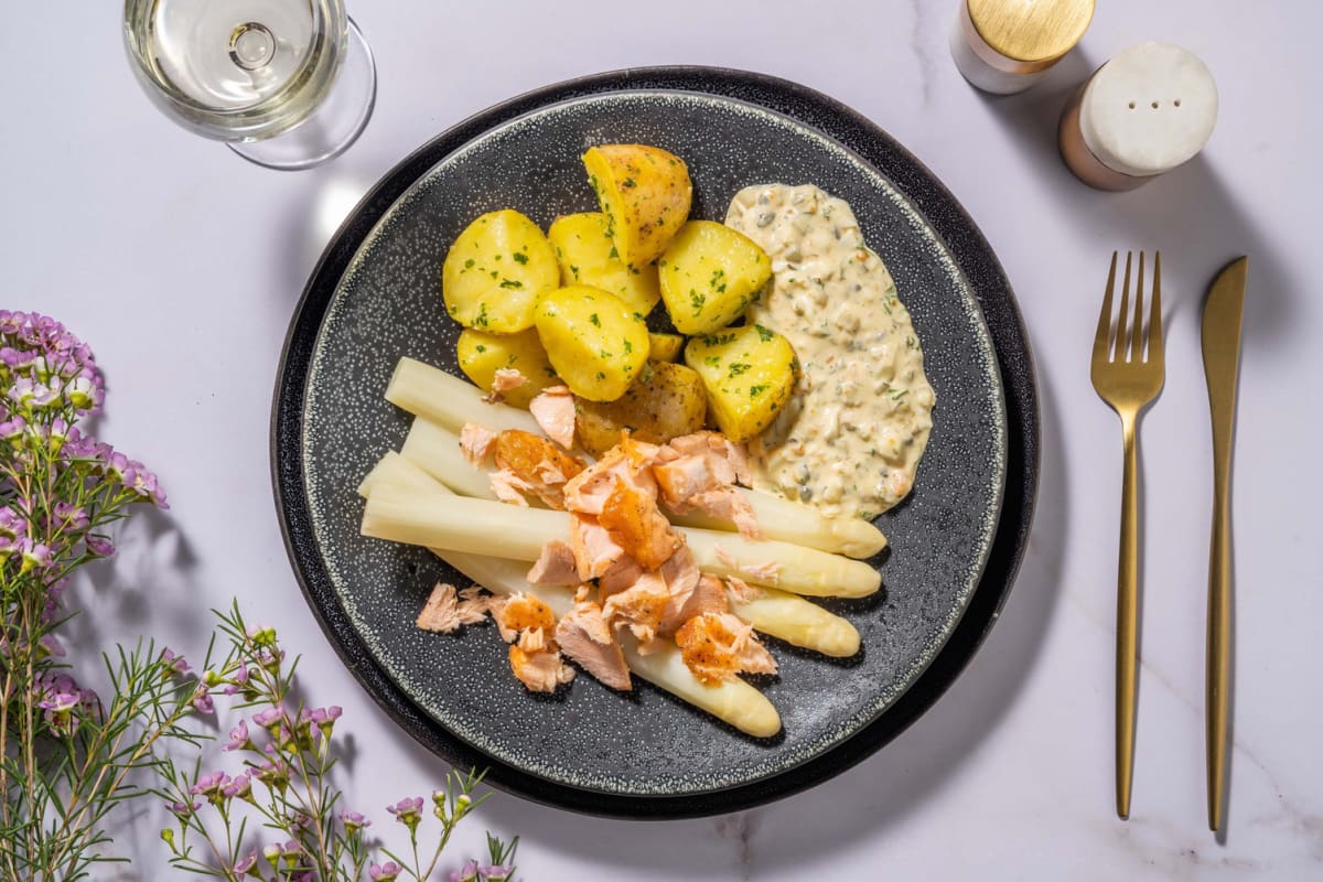 Asperges blanches au saumon et sauce gribiche