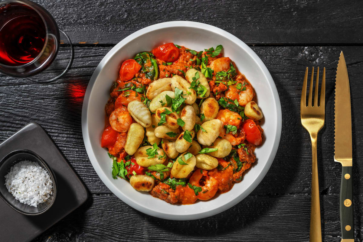 Krokant gebakken gnocchi met merguez en garnalen