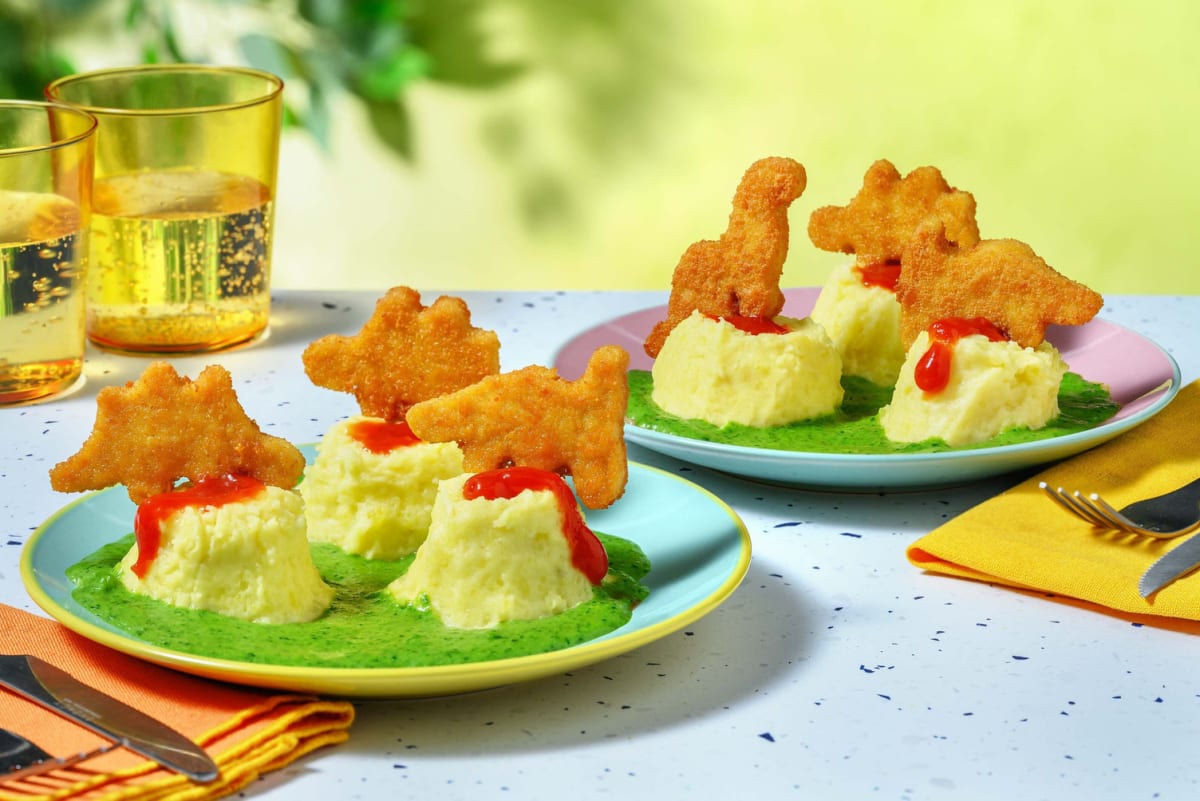 Vegane Dino Nuggets auf Kartoffelpüree-Vulkanen