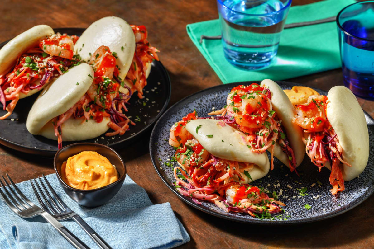 Bao buns garnis de crevettes et salade de chou